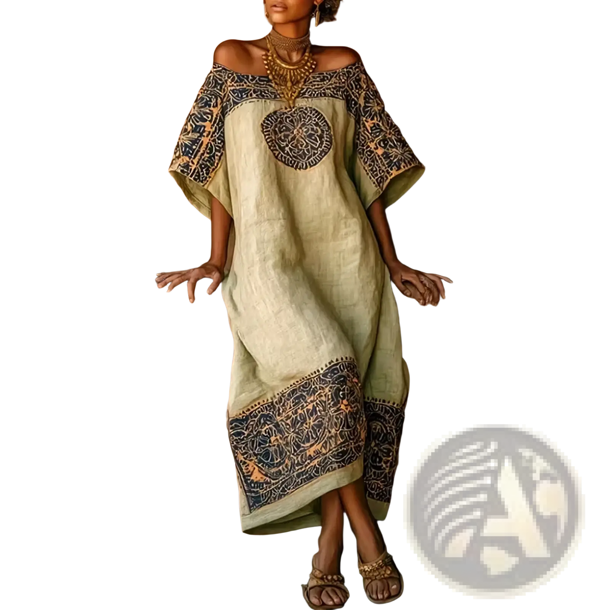 A flowing pale green linen geometric print off shoulder maxi dress with dark blue and gold embroidered patterns