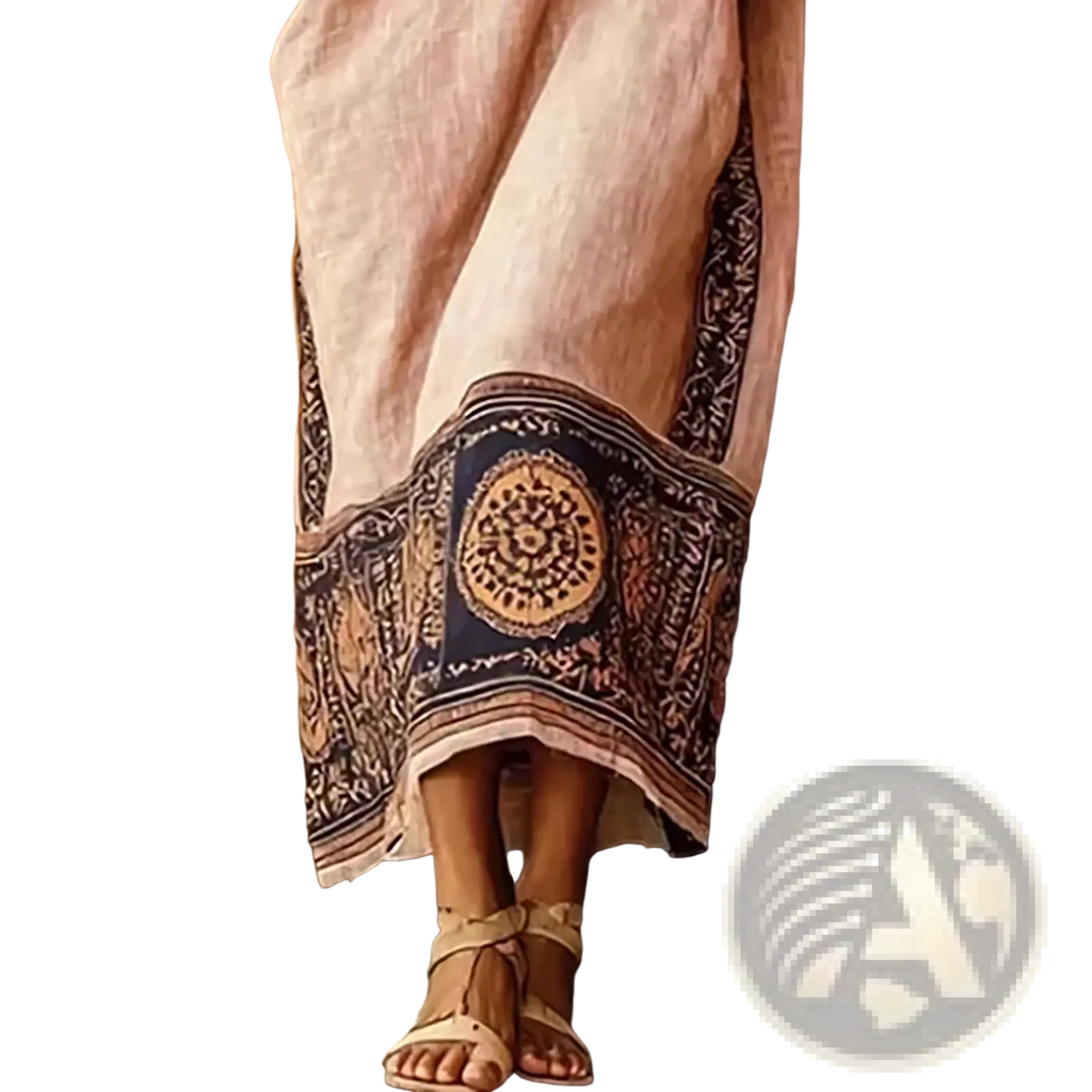 Geometric print off shoulder maxi dress in light pink linen with dark blue and gold embroidered hemline details