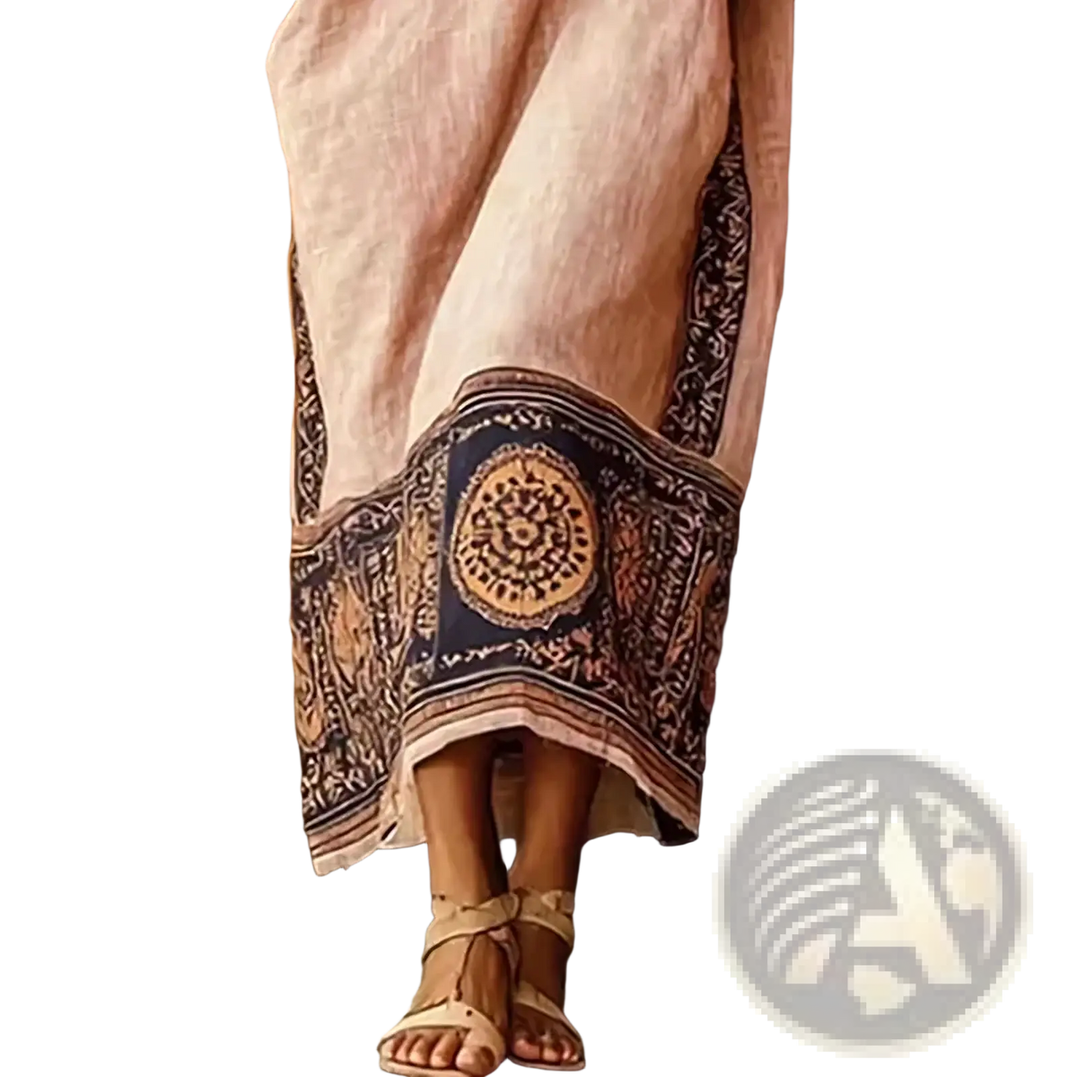 Geometric print off shoulder maxi dress in light pink linen with dark blue and gold embroidered hemline details