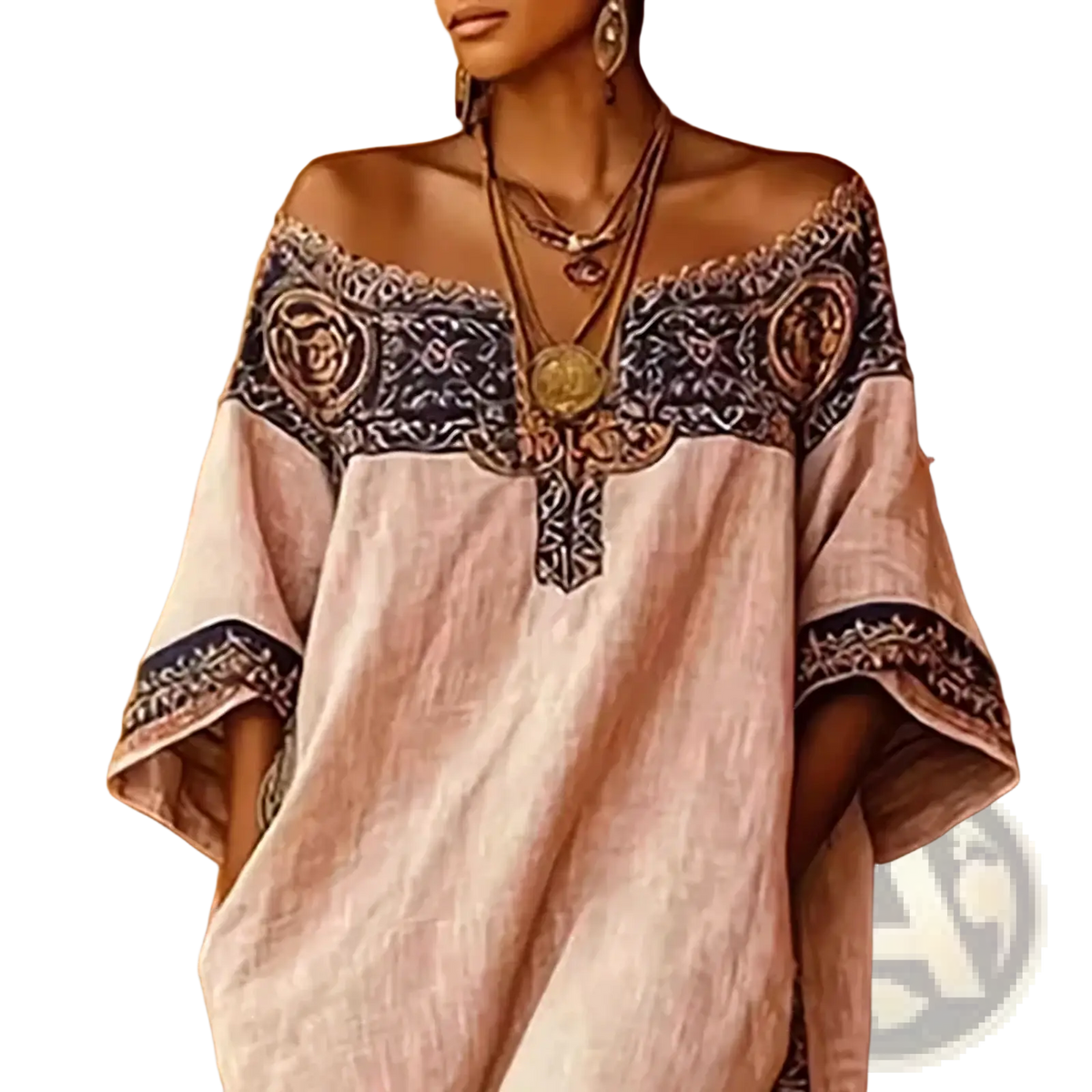 A blush off the shoulder top with dark blue and gold embroidery made of lightweight linen fabric featured in a maxi dress