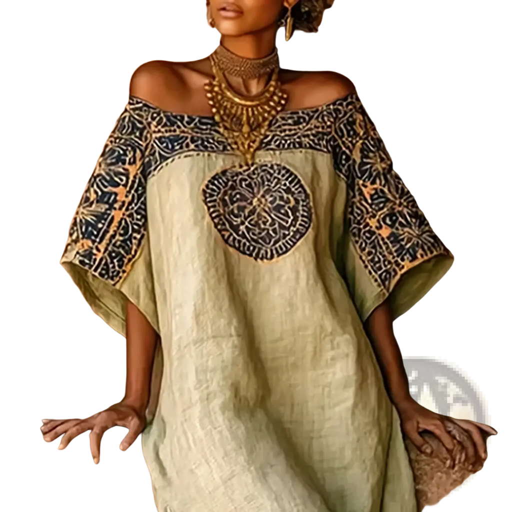 Zjasxms geometric print off shoulder maxi dress in light green linen with black and gold embroidered sleeves and central design