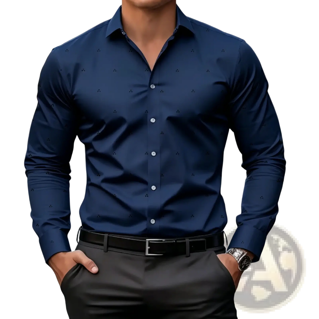 Dark blue slim fit dress shirt with long sleeves and subtle black geometric triangular print for formal wear