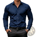 Dark blue slim fit dress shirt with long sleeves and subtle black geometric triangular print for formal wear