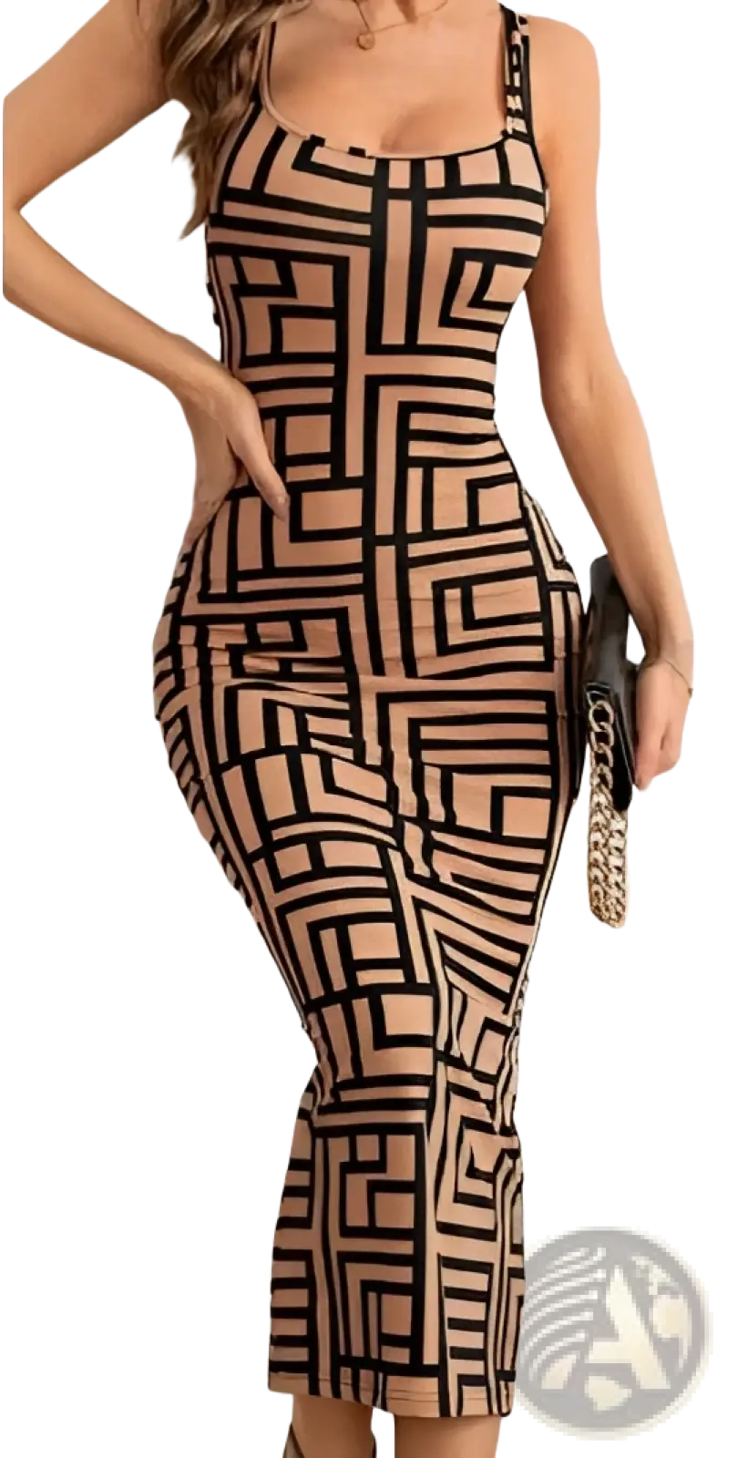 A form-fitting sleeveless midi dress with beige and black geometric print featuring spaghetti straps