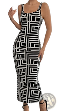 A form-fitting black and white geometric print bodycon midi dress with thin spaghetti straps for elegant wear