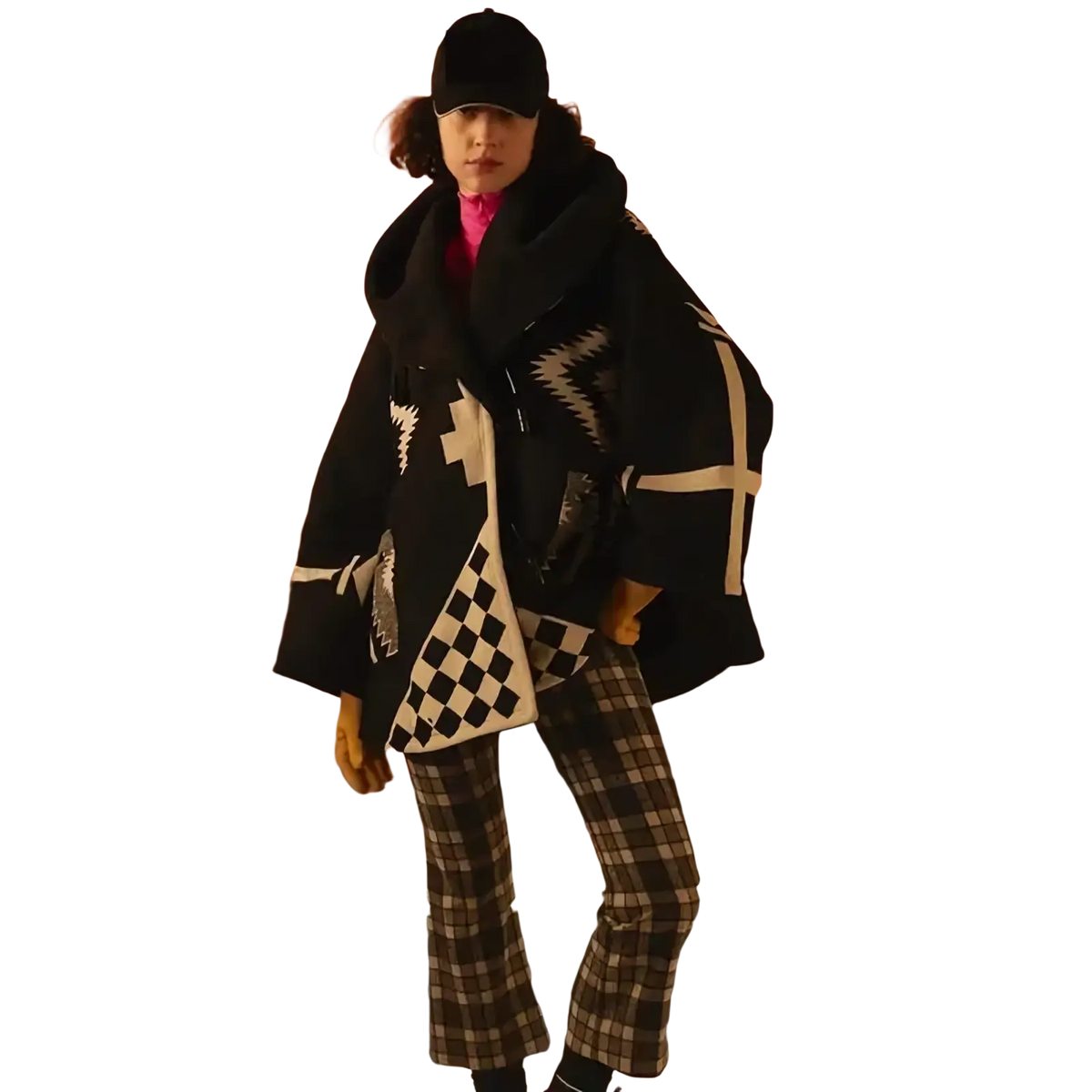 Black woolen hooded coat with bold white geometric patterns and a checkered panel for stylish outerwear