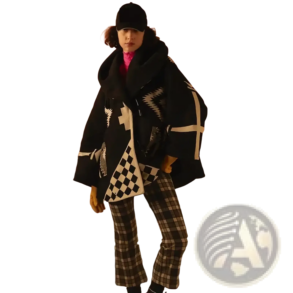 Black woolen hooded coat with bold white geometric patterns and a checkered panel for stylish outerwear