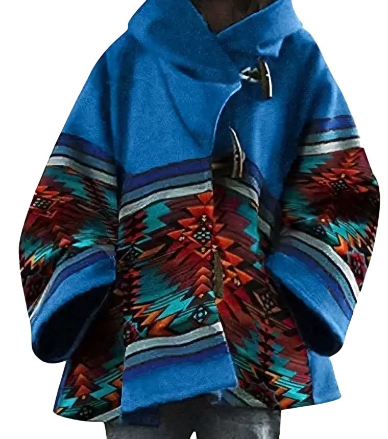 Blue woolen hooded coat with vibrant red teal and brown geometric patterns on sleeves and body front side