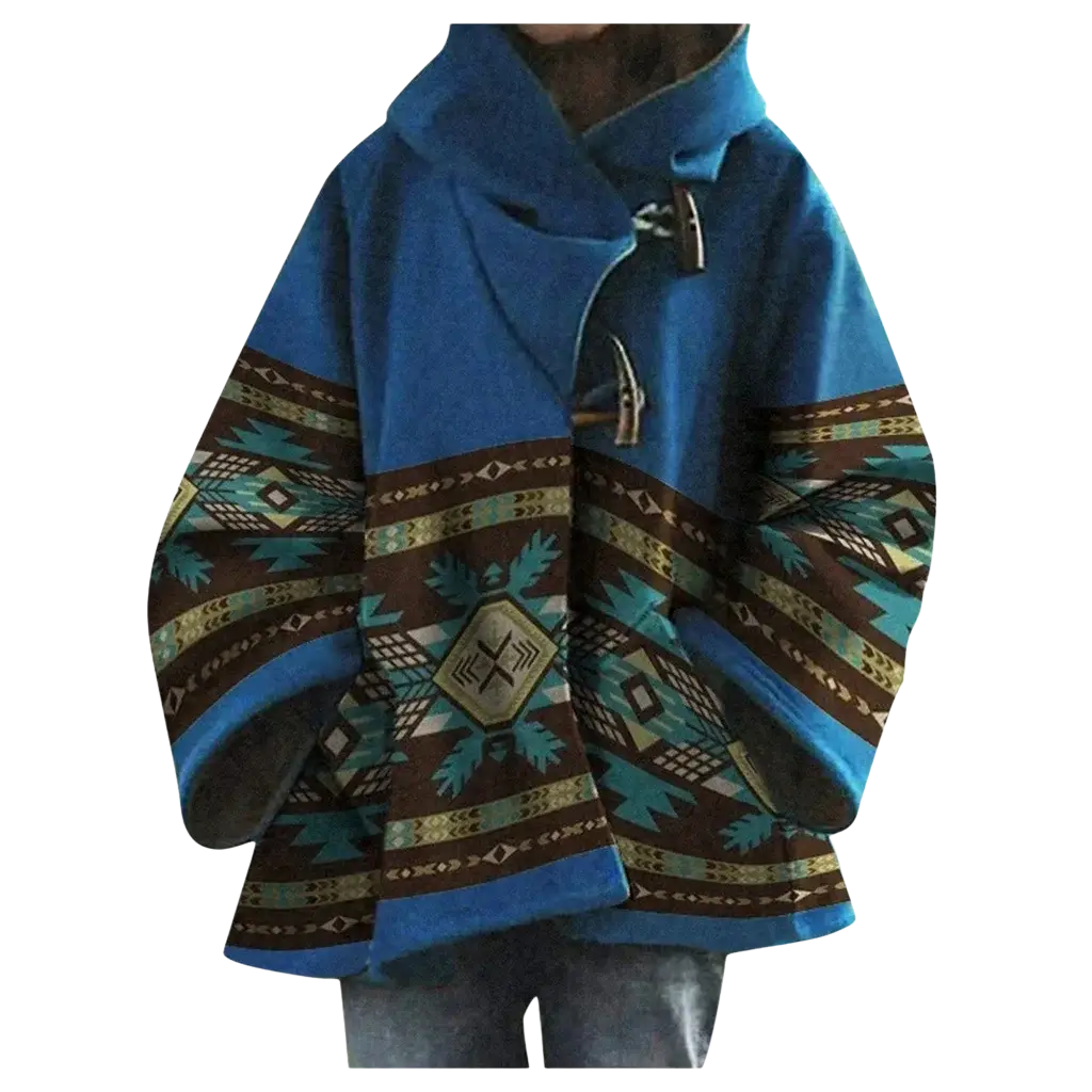Blue woolen hooded coat with brown and teal geometric patterns featuring toggle closures