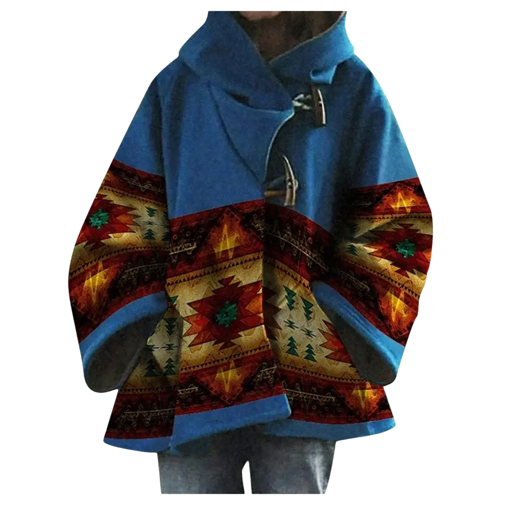 Blue woolen hooded coat with vibrant red orange and green geometric pattern on sleeves and lower body shown from back