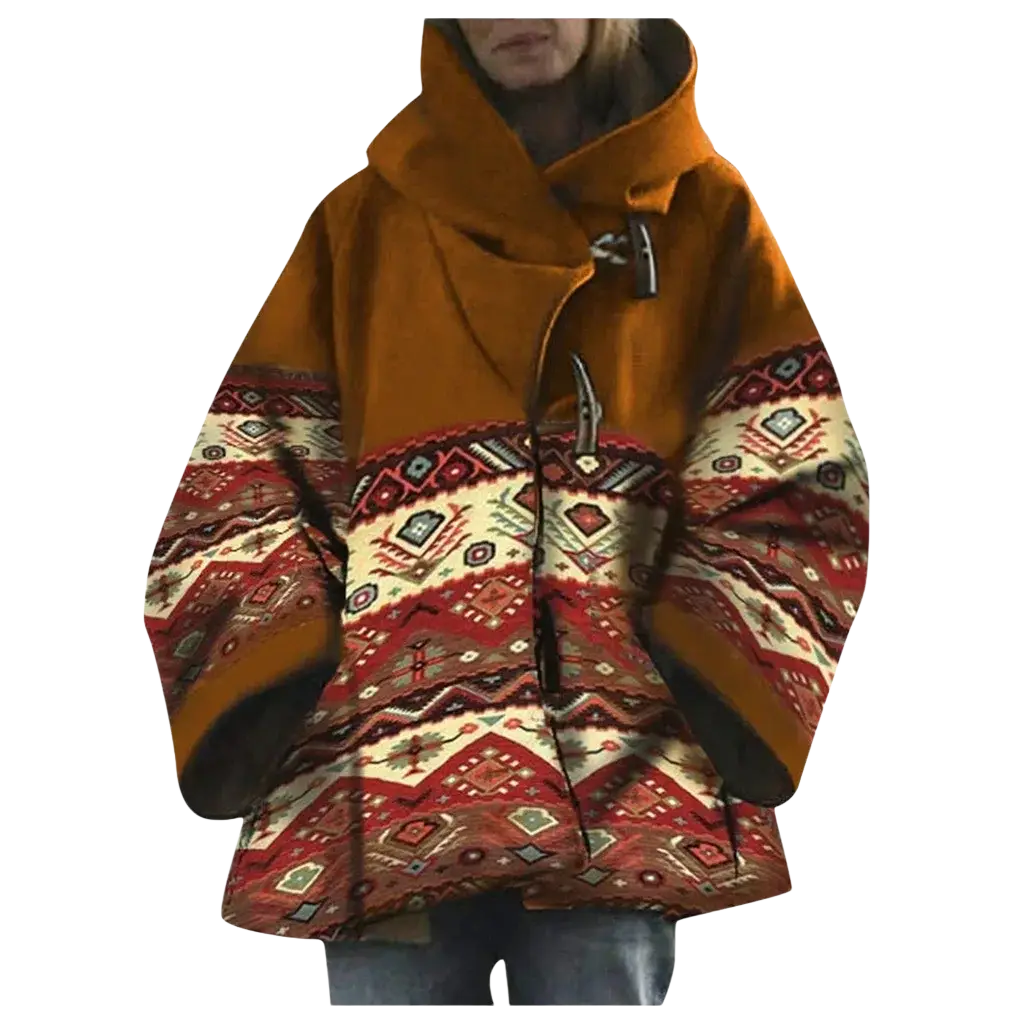 A cozy woolen hooded coat in warm orange with intricate red and cream geometric patterns on the back side
