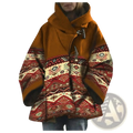 A cozy woolen hooded coat in warm orange with intricate red and cream geometric patterns on the back side