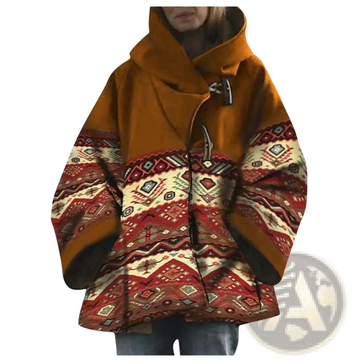 A cozy woolen hooded coat in warm orange with intricate red and cream geometric patterns on the back side