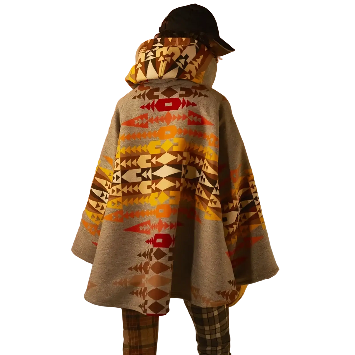 Gray woolen hooded coat with vibrant orange red yellow and brown geometric patterns shown from the back side