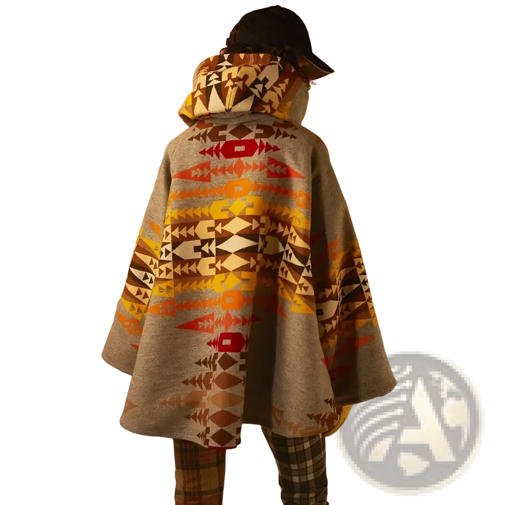 Gray woolen hooded coat with vibrant orange red yellow and brown geometric patterns shown from the back side