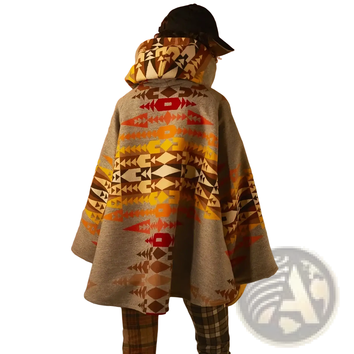 Gray woolen hooded coat with vibrant orange red yellow and brown geometric patterns shown from the back side