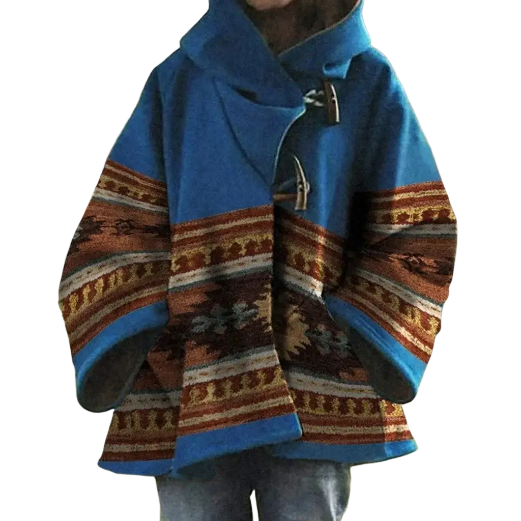 A vibrant blue woolen hooded duffle coat with brown beige geometric patterns and classic toggle closure