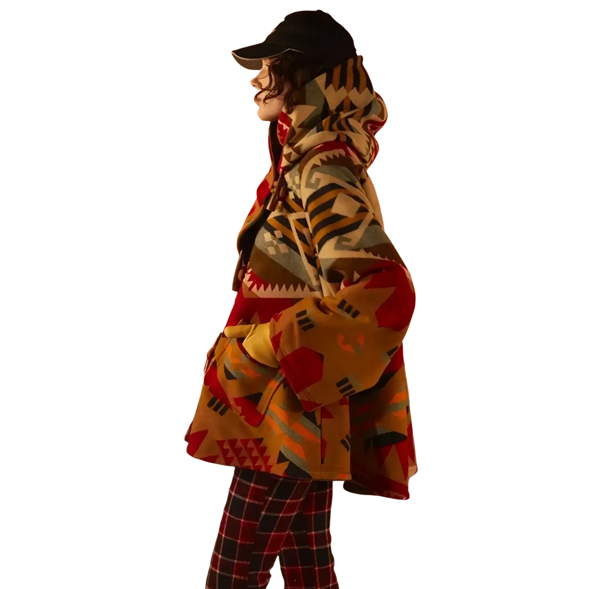 A vibrant red orange and beige geometric printed woolen hooded coat with a hood in a warm woolen fabric