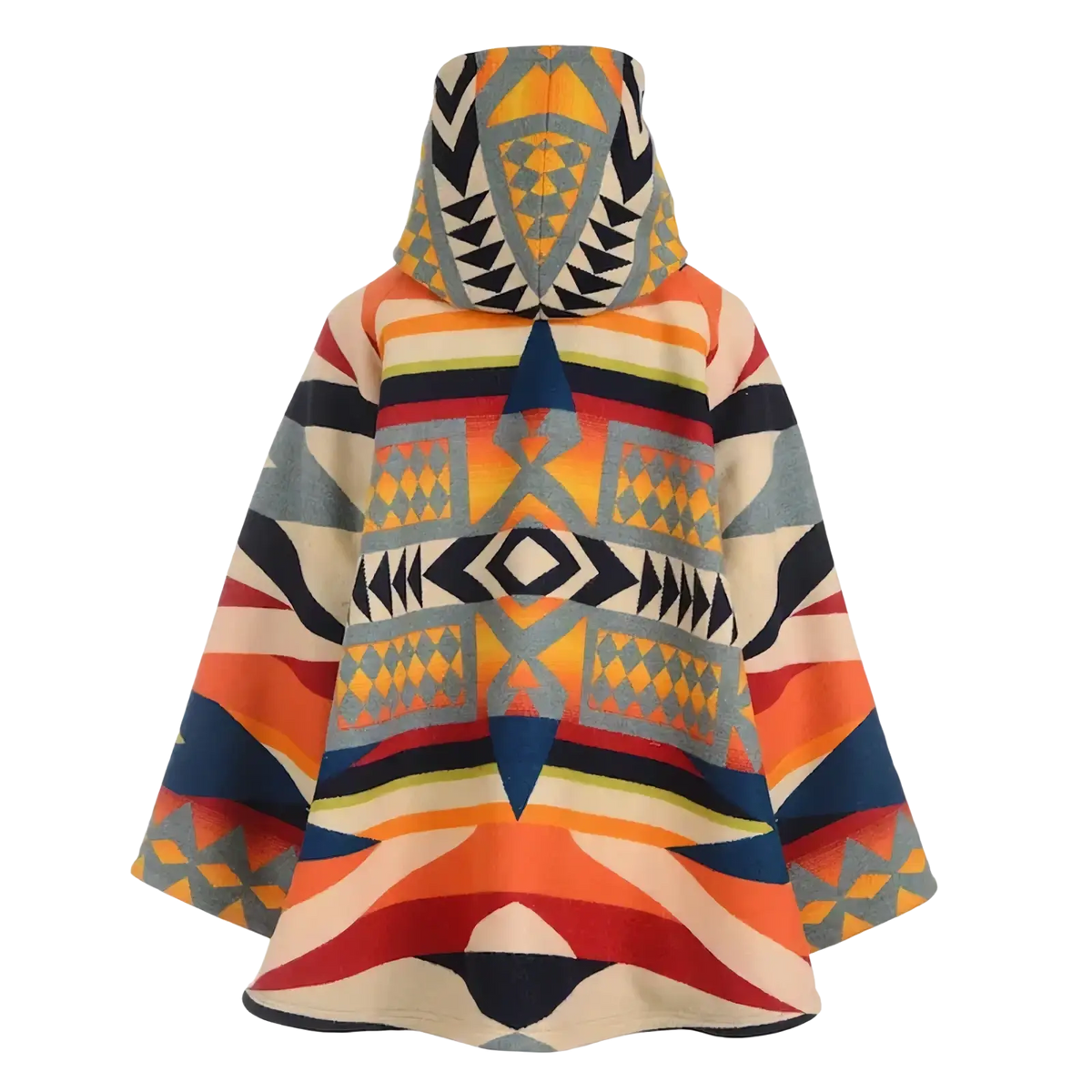 Vibrant geometric printed woolen hooded coat in orange red blue and cream tones with woven fabric texture