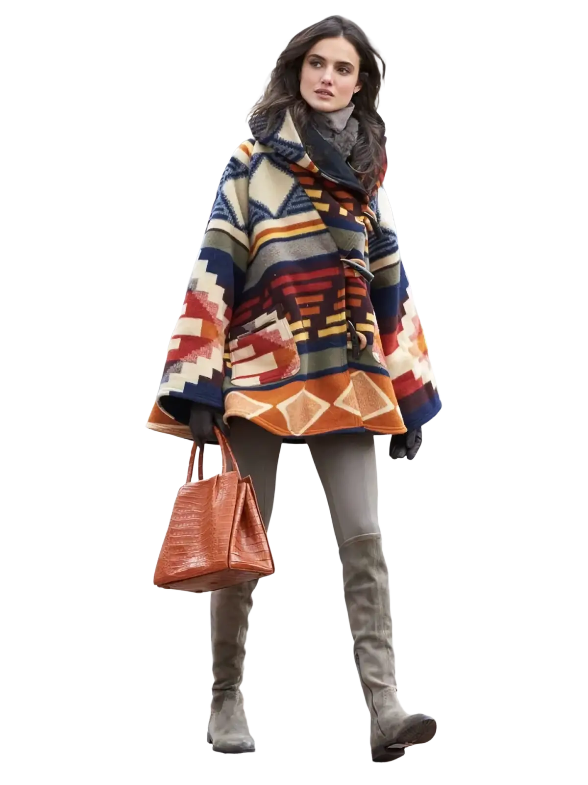 A vibrant geometric printed woolen hooded coat in shades of orange blue red and cream with a geometric pattern