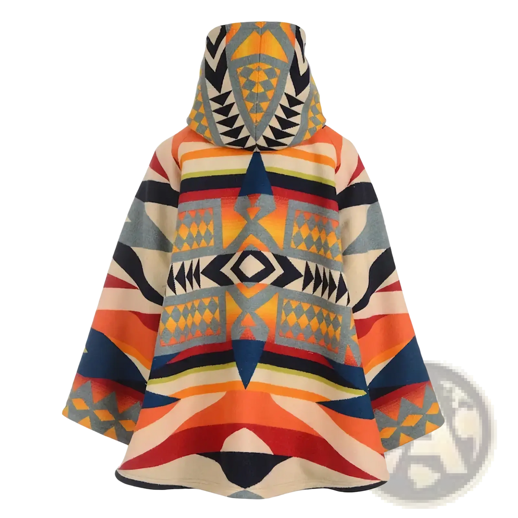 Vibrant geometric printed woolen hooded coat in orange red blue and cream tones with woven fabric texture