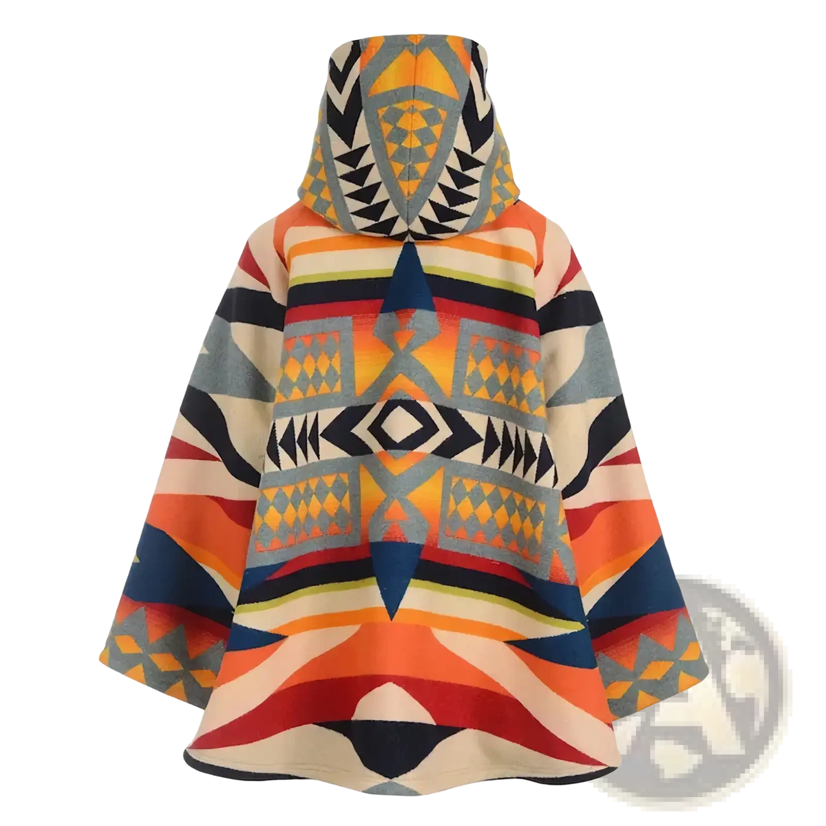 Vibrant geometric printed woolen hooded coat in orange red blue and cream tones with woven fabric texture