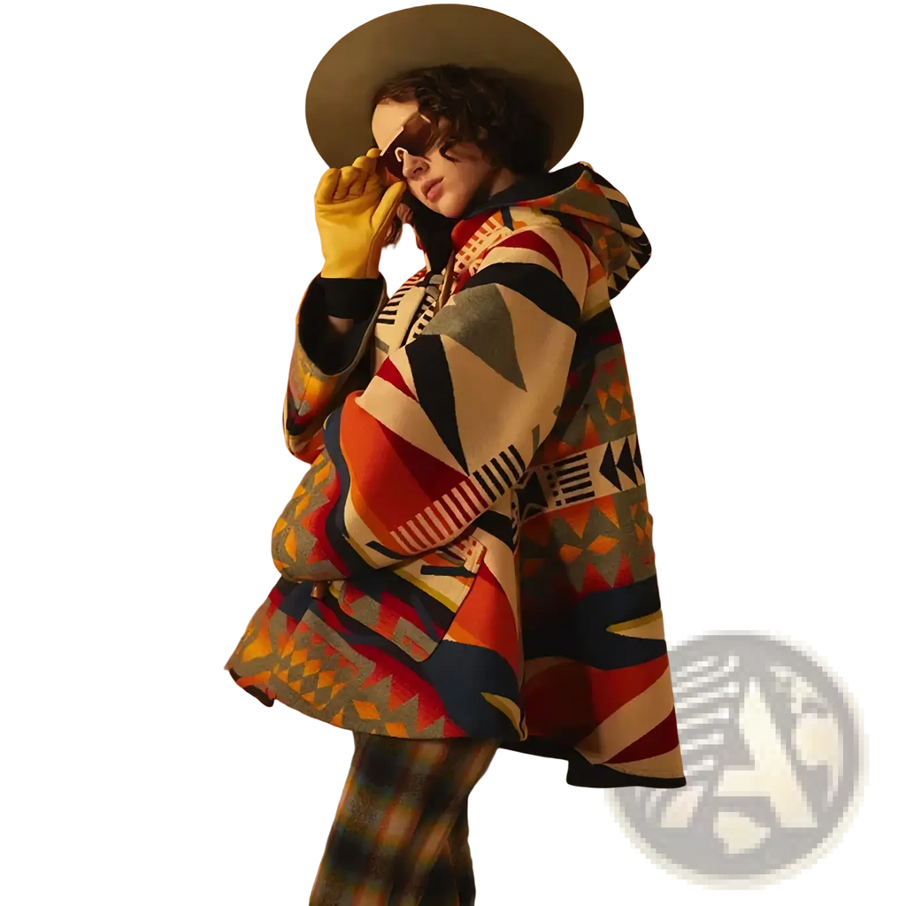 A vibrant geometric printed woolen hooded coat in bold reds blues and cream tones with a woolen texture