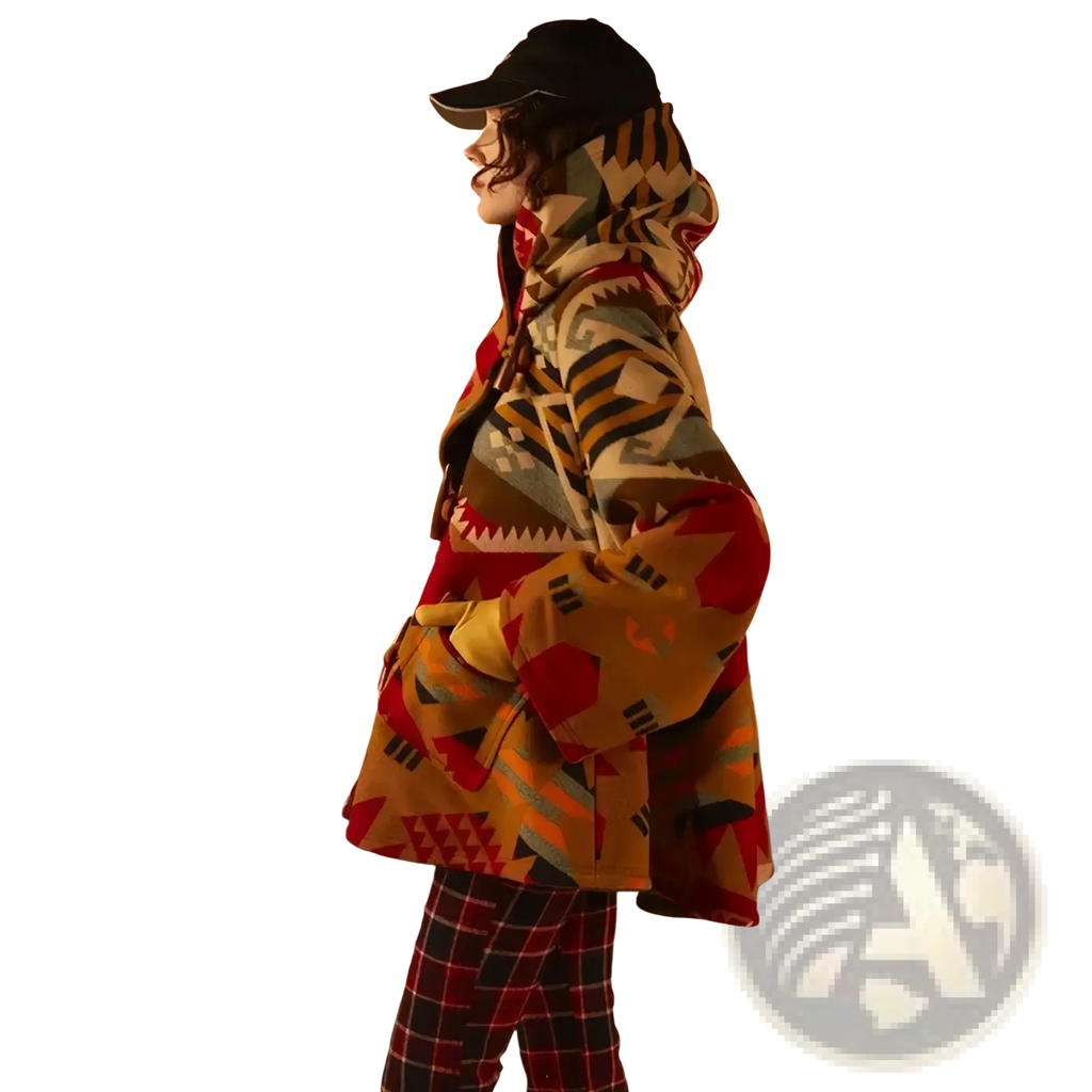 A vibrant red orange and beige geometric printed woolen hooded coat with a hood in a warm woolen fabric