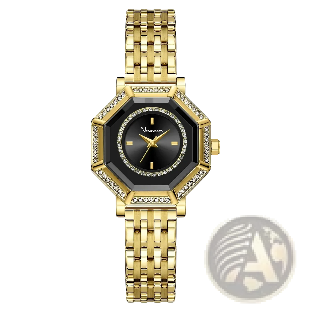 Gold-toned geometric rhinestone quartz watch with black dial diamond-studded bezel and stainless steel bracelet