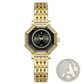 Gold-toned geometric rhinestone quartz watch with black dial diamond-studded bezel and stainless steel bracelet