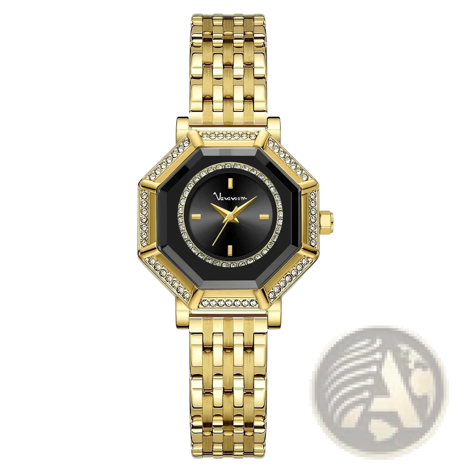 Gold-toned geometric rhinestone quartz watch with black dial diamond-studded bezel and stainless steel bracelet