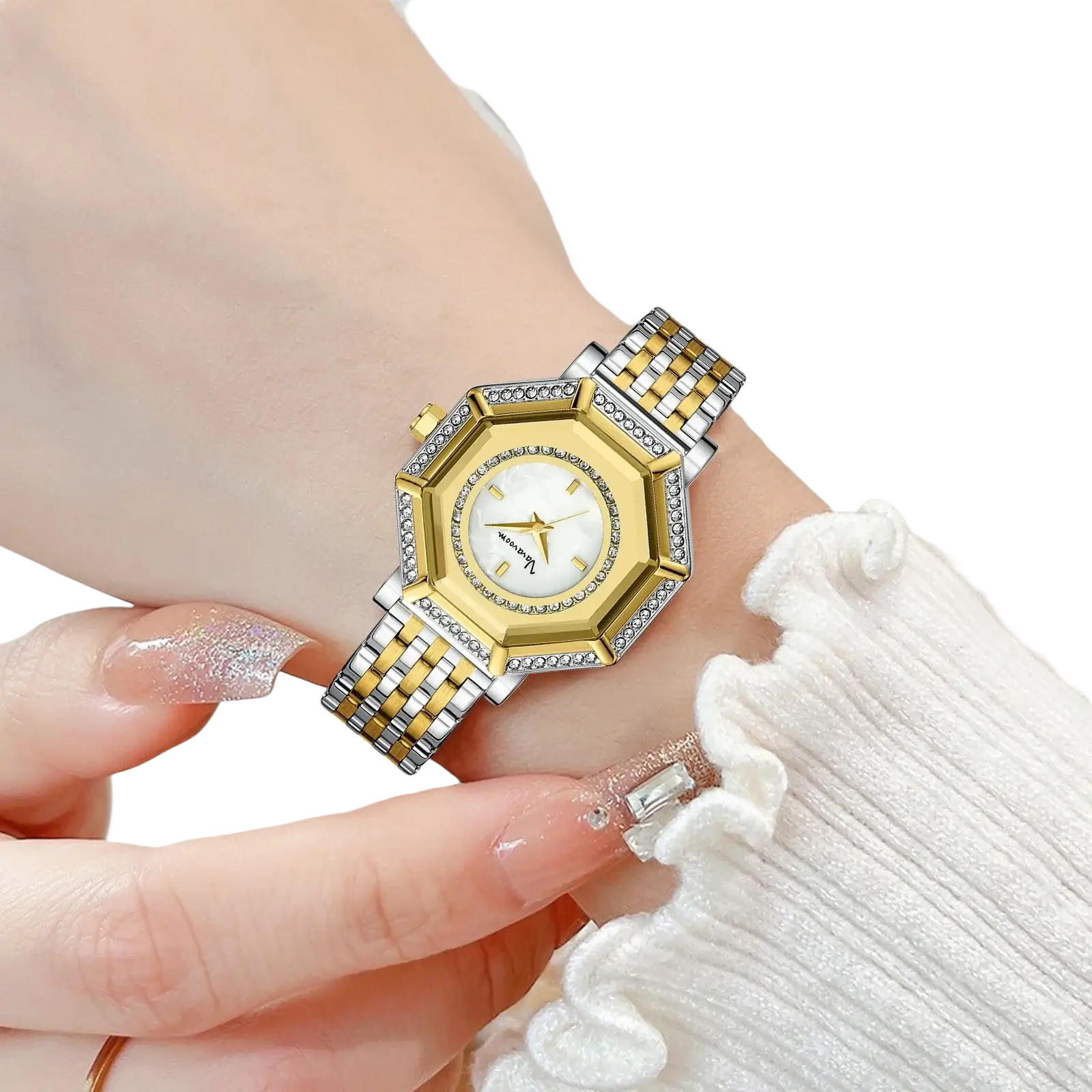 Gold and silver two-tone geometric rhinestone quartz watch with diamond bezel white dial and stainless steel bracelet