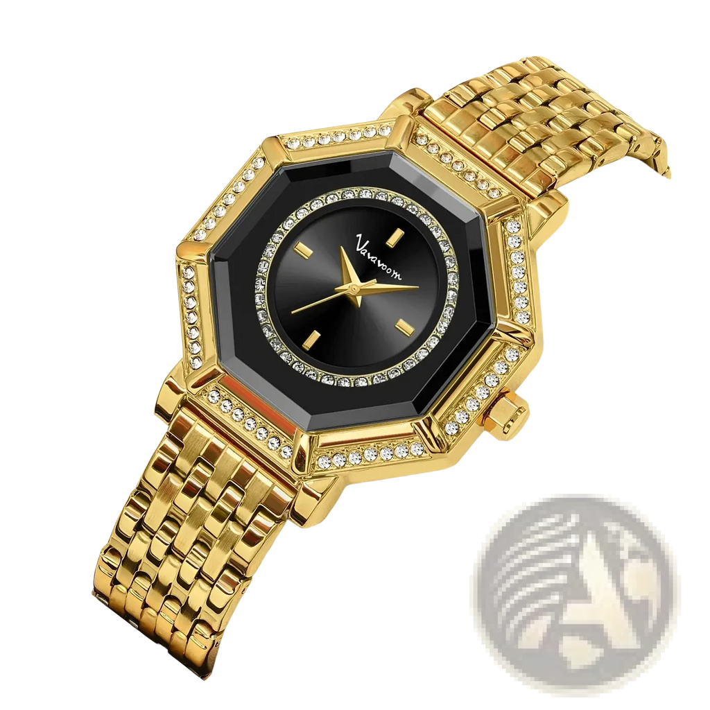 Gold-tone geometric rhinestone quartz watch with black dial diamond-studded bezel and stainless steel bracelet