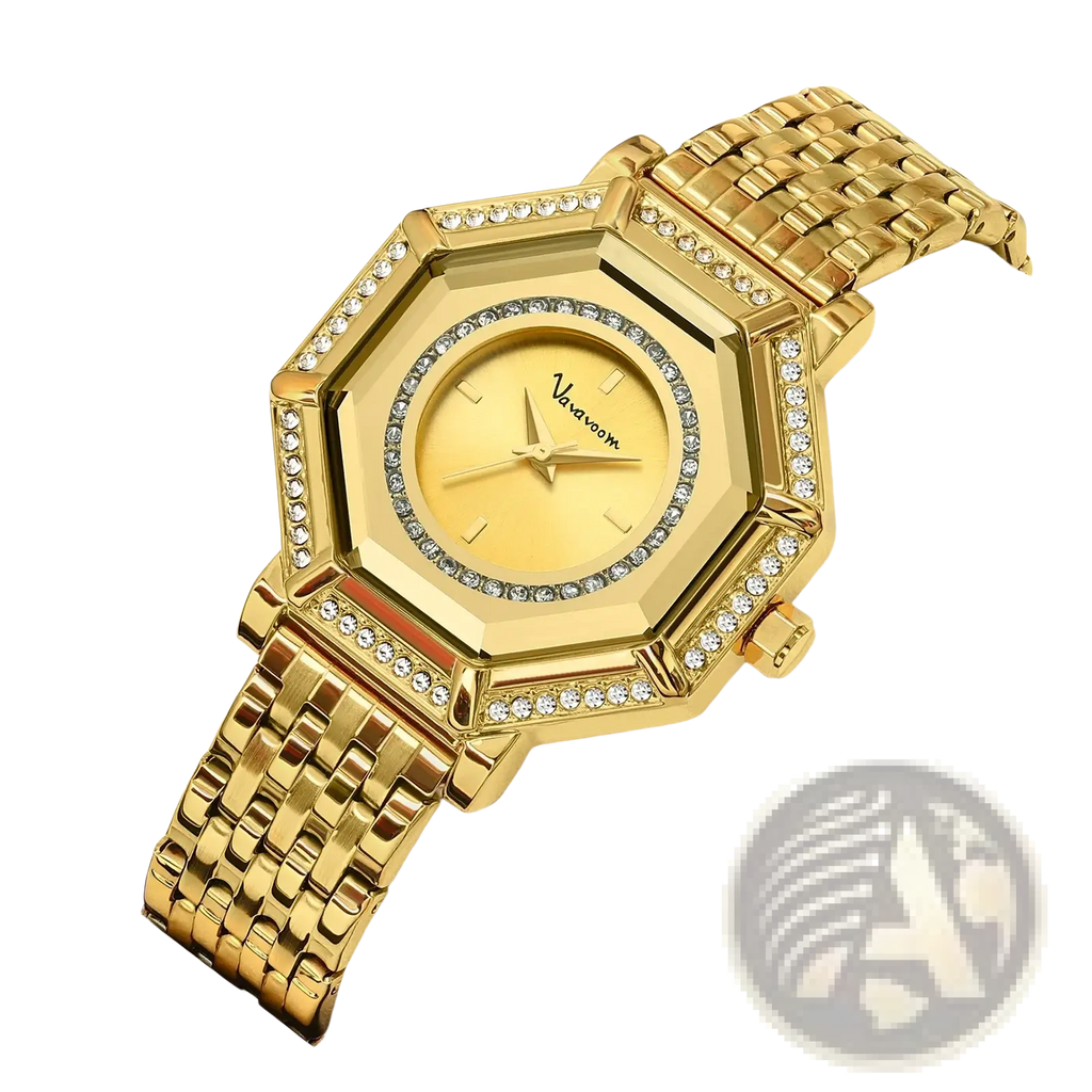 Gold-toned geometric rhinestone quartz watch with diamond bezel, yellow dial, and stainless steel mesh bracelet by Vavoom