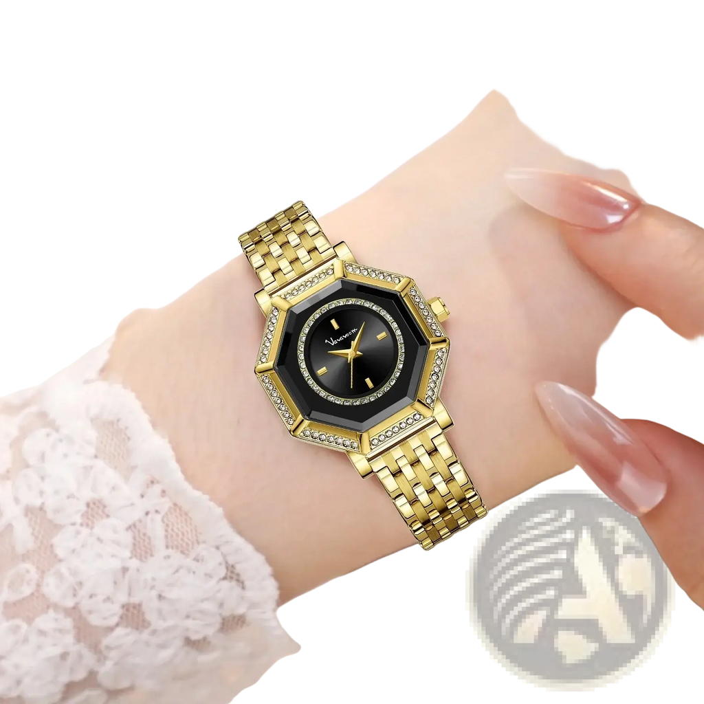 Gold-toned octagonal geometric rhinestone quartz watch with black dial diamond-studded bezel and stainless steel mesh bracelet