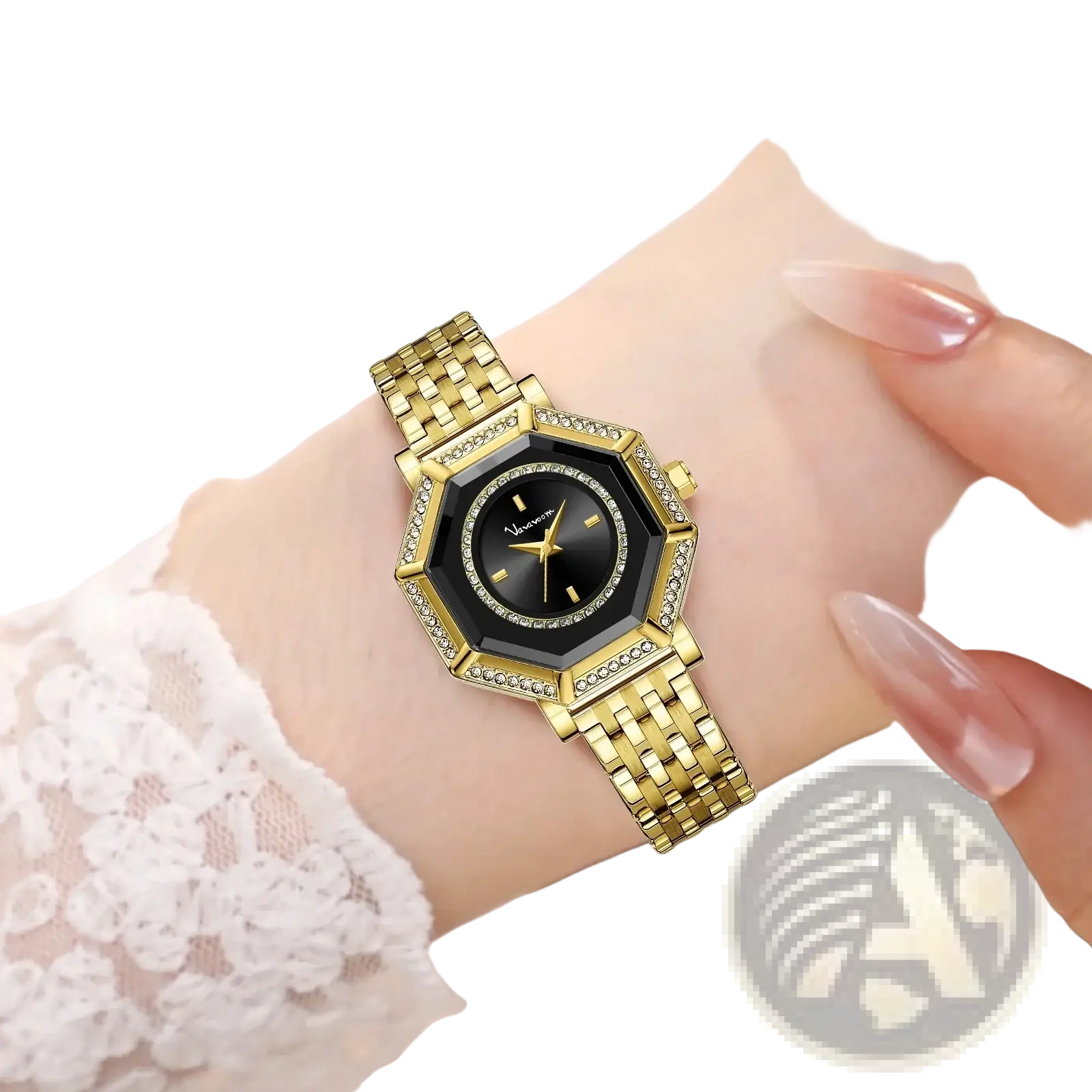 Gold-toned octagonal geometric rhinestone quartz watch with black dial diamond-studded bezel and stainless steel mesh bracelet