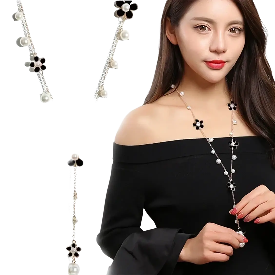 Black and white floral pendant necklace with pearl accents featuring geometric rhinestone details for women