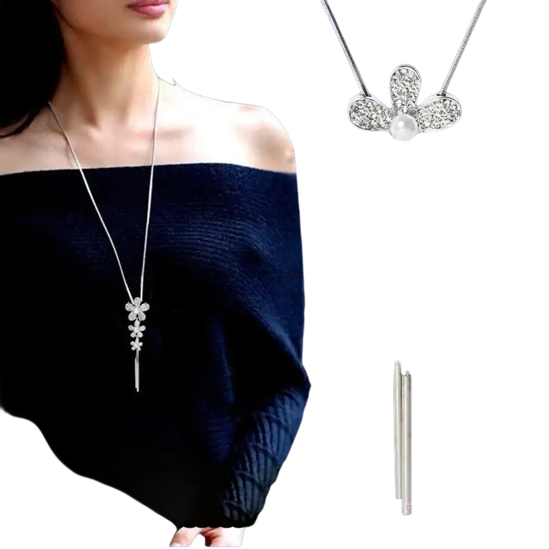 Geometric rhinestone statement necklace for women with a delicate silver chain and cascading crystal flower cluster with pearls