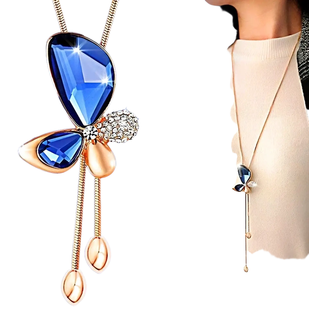 Elegant blue and gold butterfly pendant necklace with geometric rhinestones and sparkling crystal accents for women