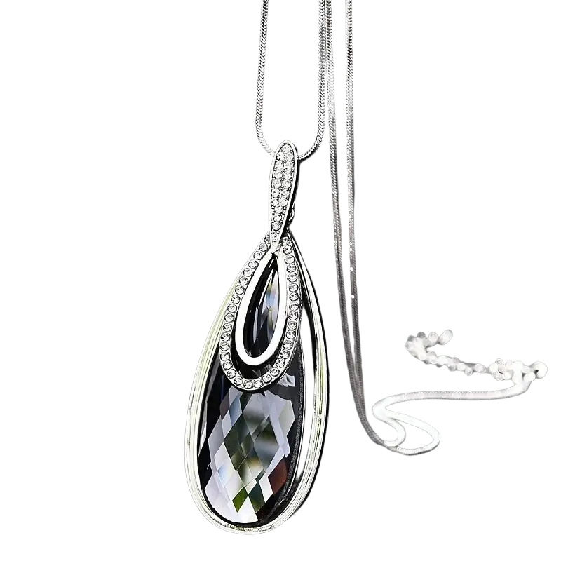 Elegant silver geometric rhinestone statement necklace with a large black crystal teardrop pendant and sparkling accents