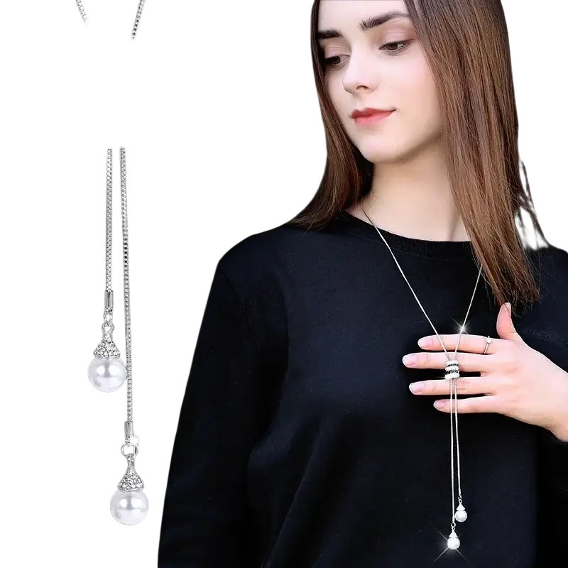 Silver chain geometric rhinestone statement necklace for women with diamond-encrusted knot pendant and pearl drops