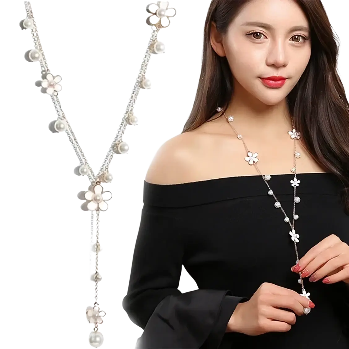 Silver floral necklace with delicate chain pearl accents and dangling flower charms geometric rhinestone statement design