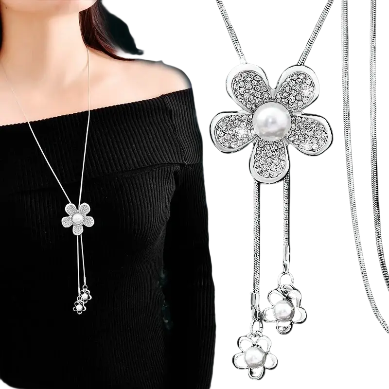 Silver flower pendant necklace for women with crystal-encrusted petals, central pearl, and dangling floral charms