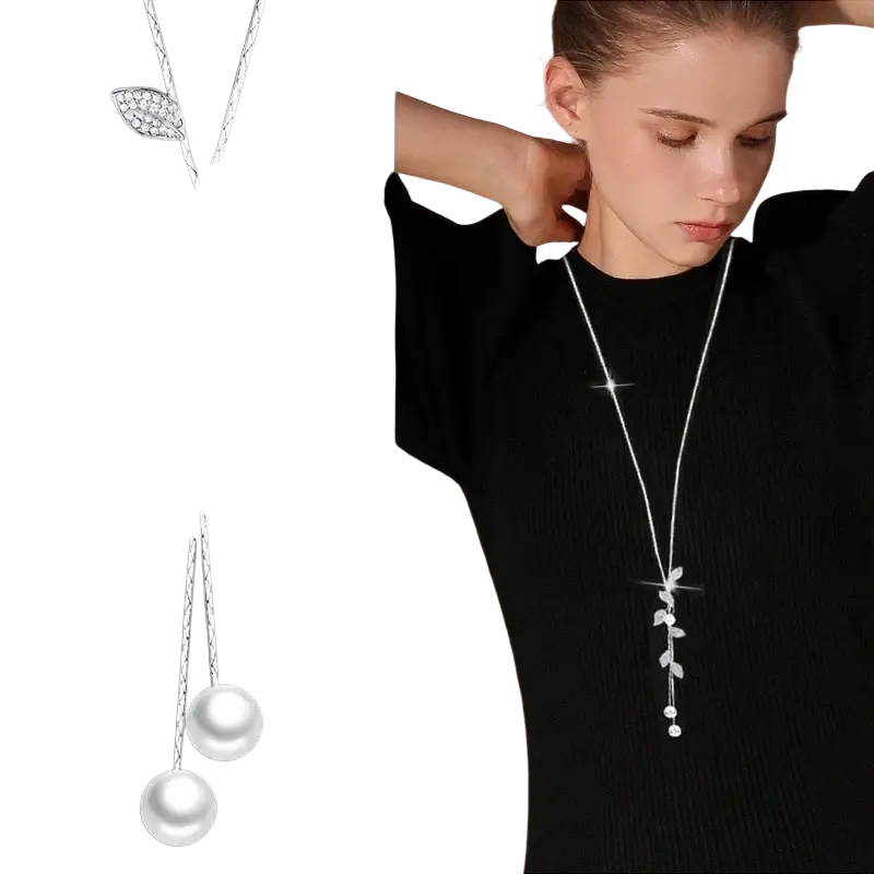 Silver leaf and pearl pendant necklace featuring sparkling crystal leaves and three graduated white pearls for women