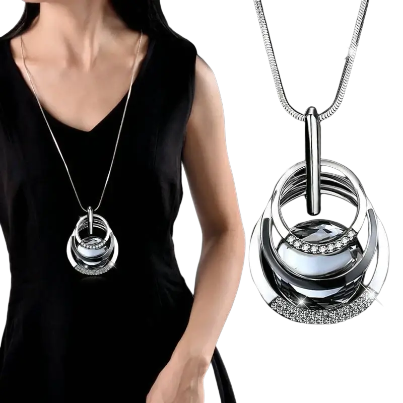 Silver geometric rhinestone statement necklace for women with layered circular design and embedded crystals