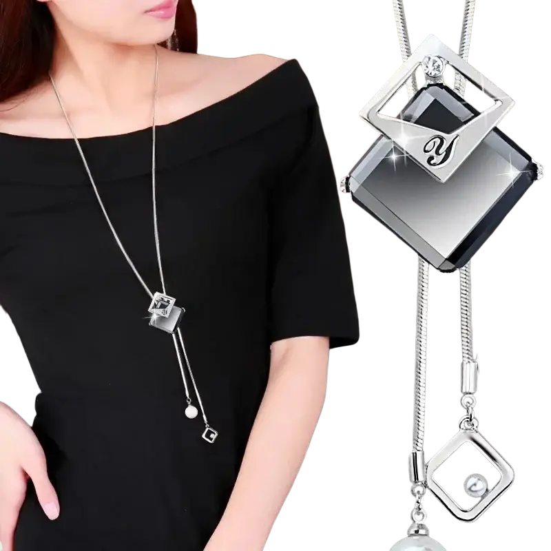 Silver geometric pendant necklace for women with layered square design crystal accents and pearl details