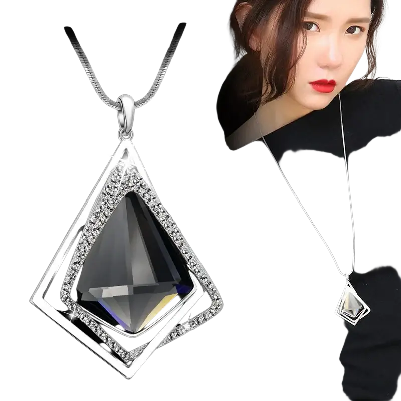 Silver geometric rhinestone statement necklace for women with dark faceted crystal and clear rhinestone accents