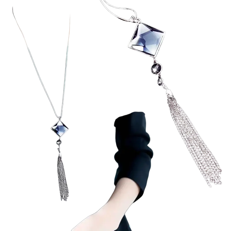 Silver geometric rhinestone statement necklace for women with square-cut blue crystal pendant and chain tassels