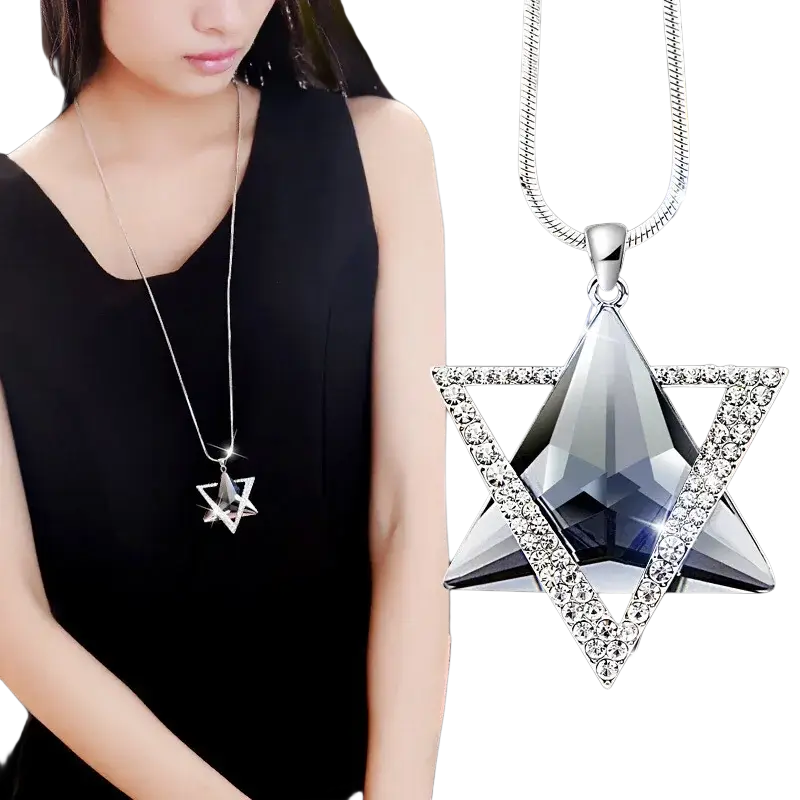 Silver star of david pendant necklace with central blue faceted crystal and clear rhinestones on silver snake chain