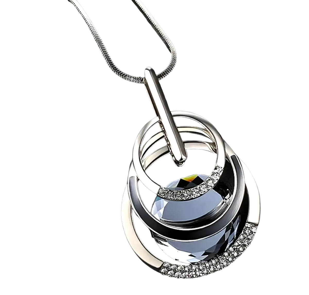Silver-toned geometric rhinestone statement necklace for women with modern layered circular pendant and black crystal accents